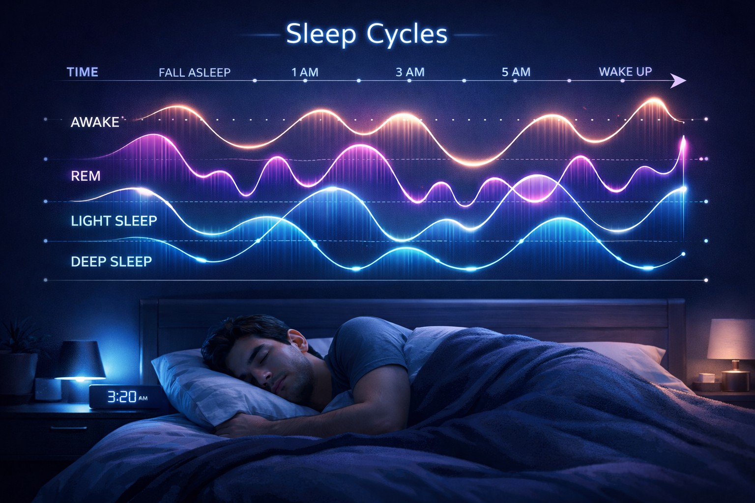 Sleep cycle wave chart above a sleeping person.